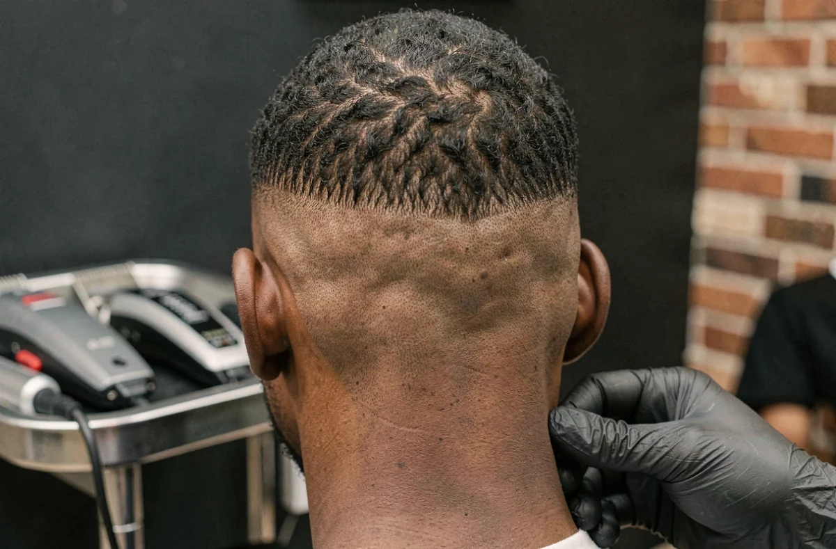 Gros plan sur une coupe taper parfaitement dégradée à l'arrière du crâne d'un jeune homme dans un salon de coiffure urbain