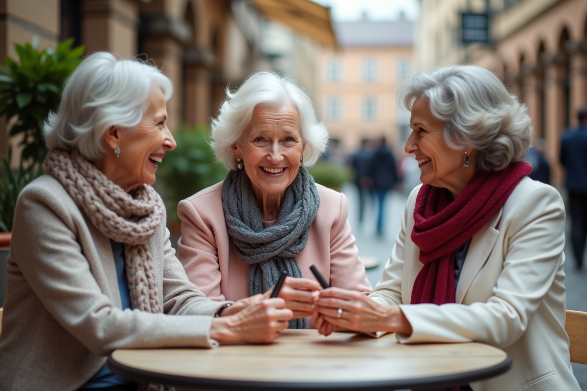 Trois femmes de 60 ans discutant mascaras au café en plein air
