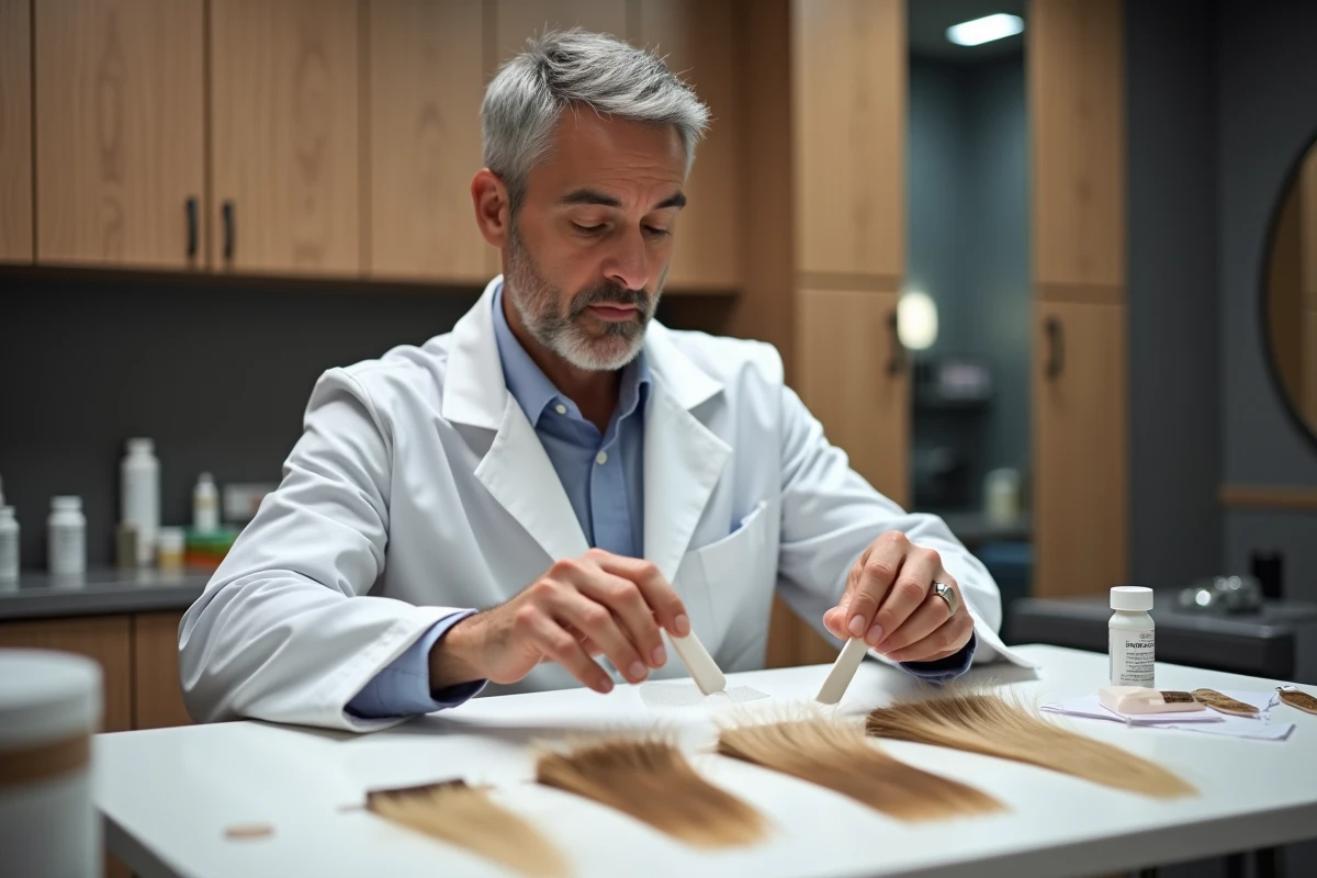 Homme appliquant des adhésifs pour extensions dans un salon professionnel