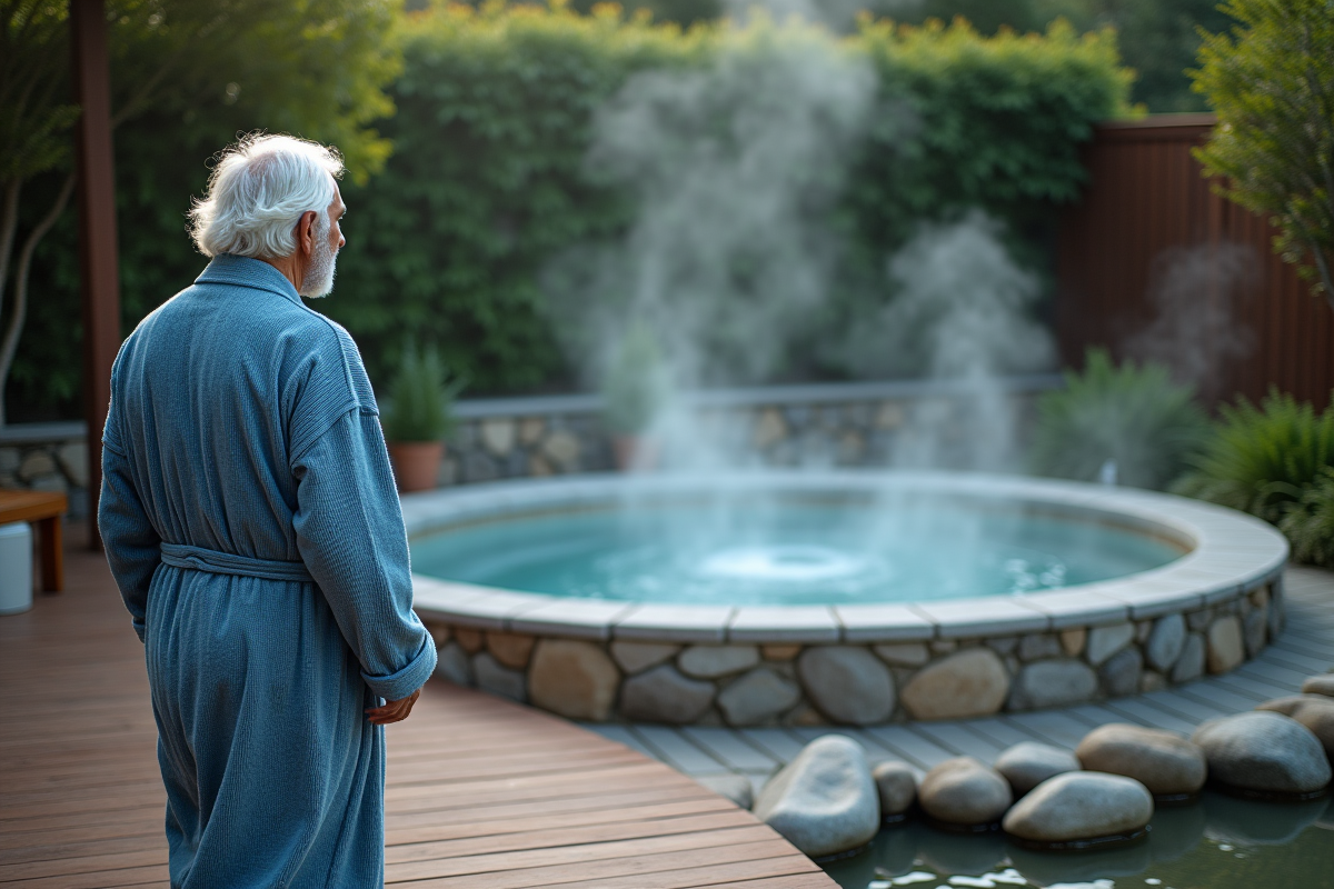 Homme âgé en robe bleue près du spa extérieur