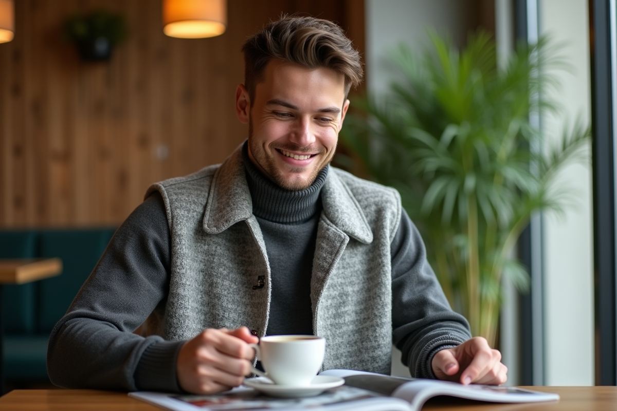 Homme en café portant un gilet en tricot et souriant