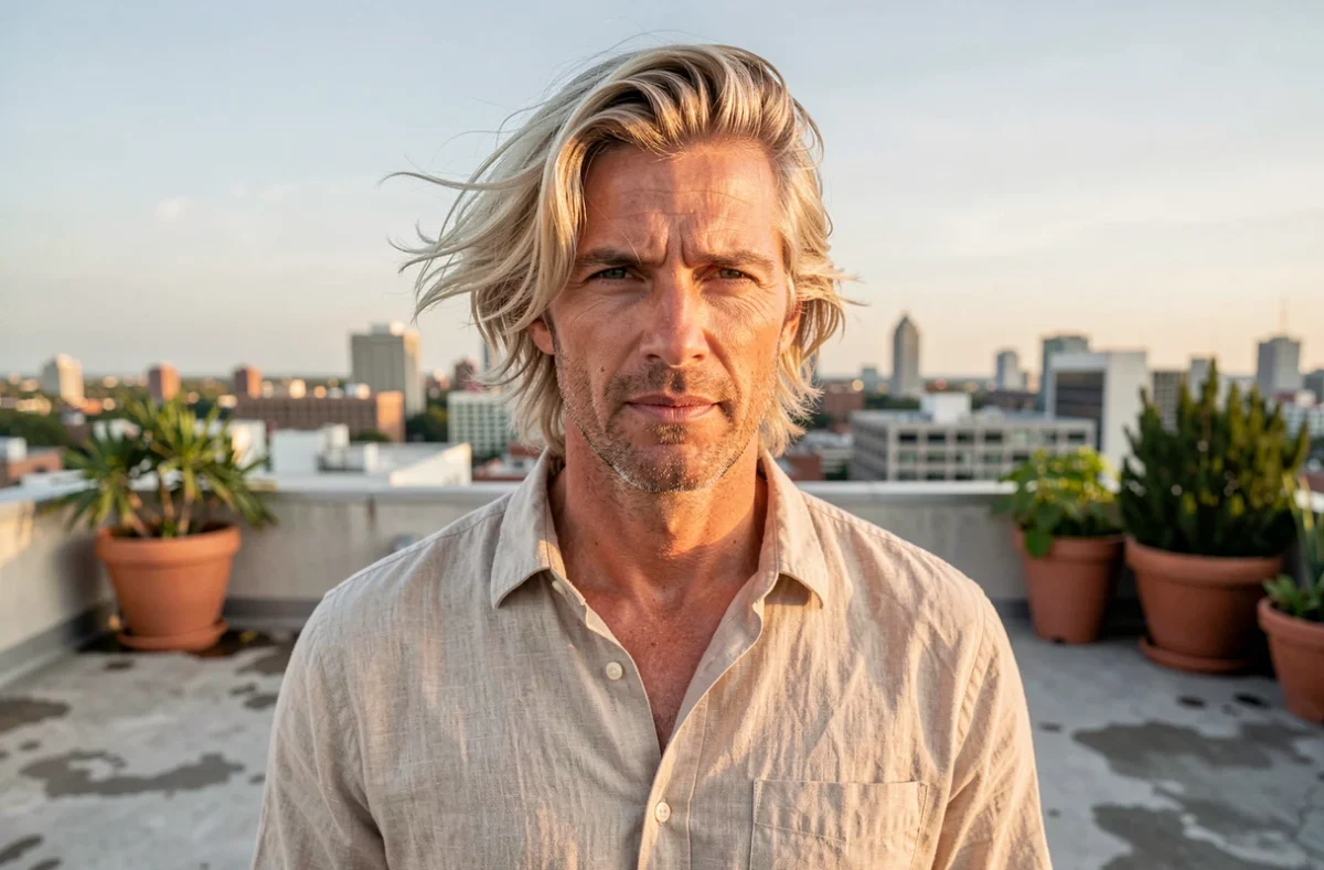 Homme aux cheveux mi-longs fins et blonds avec volume naturel sur une terrasse urbaine en plein air
