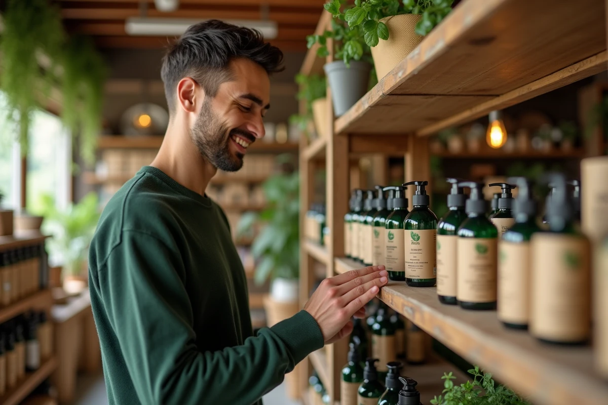 Homme choisissant un shampoing bio dans une boutique écologique