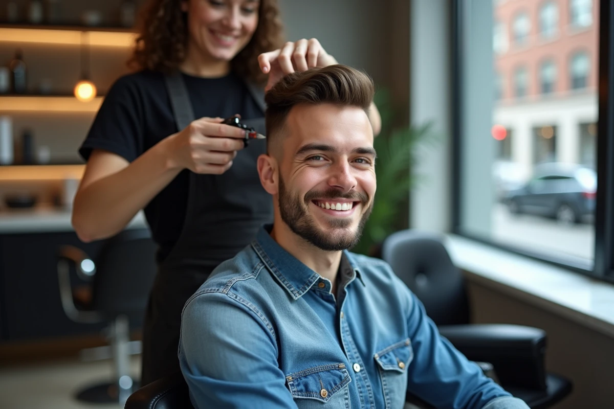 Homme souriant en salon avec coupe courte