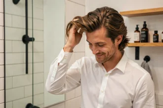 Homme aux cheveux mi-longs fins coiffés avec volume naturel devant un miroir de salle de bain moderne