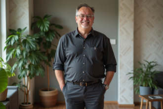 Homme d'âge moyen en tenue décontractée dans un salon lumineux