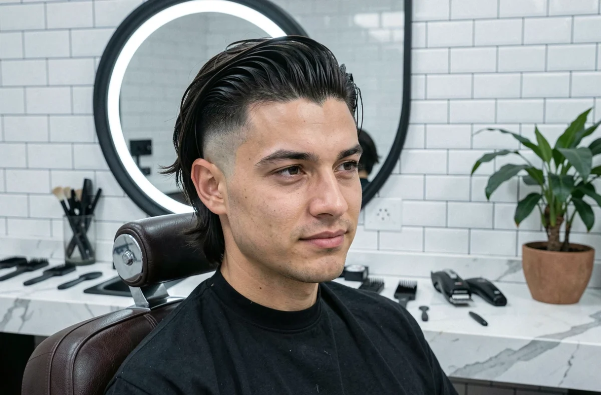 Homme aux cheveux mi-longs avec coupe taper fraîche se regardant dans le miroir du barbershop