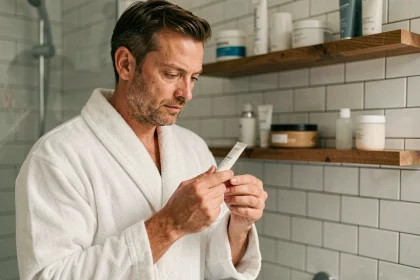 Homme en peignoir dans une salle de bain moderne tenant un tube de crème dépilatoire, illustrant la réflexion sur l'épilation masculine intime