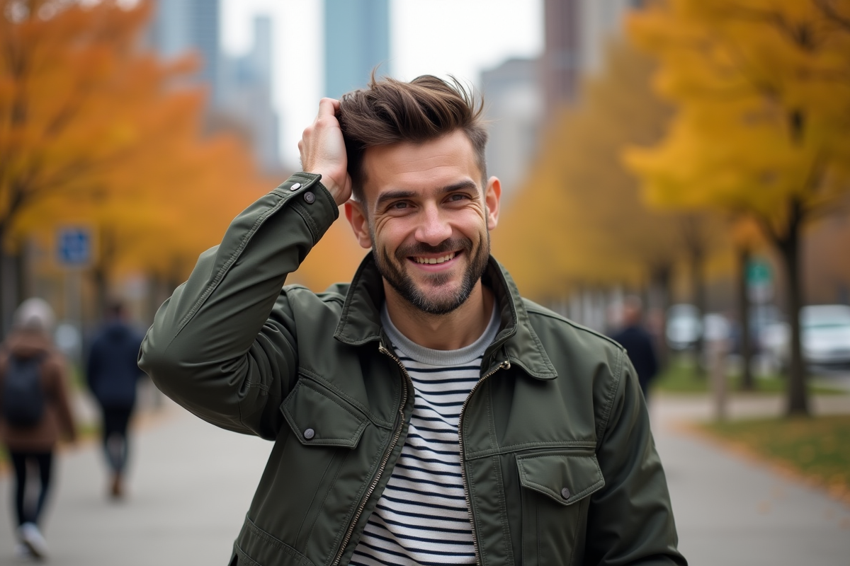 Homme avec fade coiffure dans un parc urbain animé