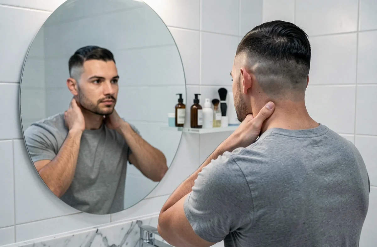 Homme inspectant sa coupe taper fraîche dans un miroir de salle de bain minimaliste, montrant les détails du dégradé sur la nuque