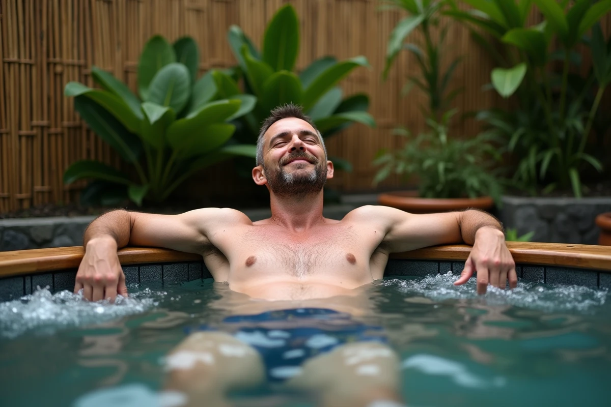 Homme dans un jacuzzi extérieur en jardin privé