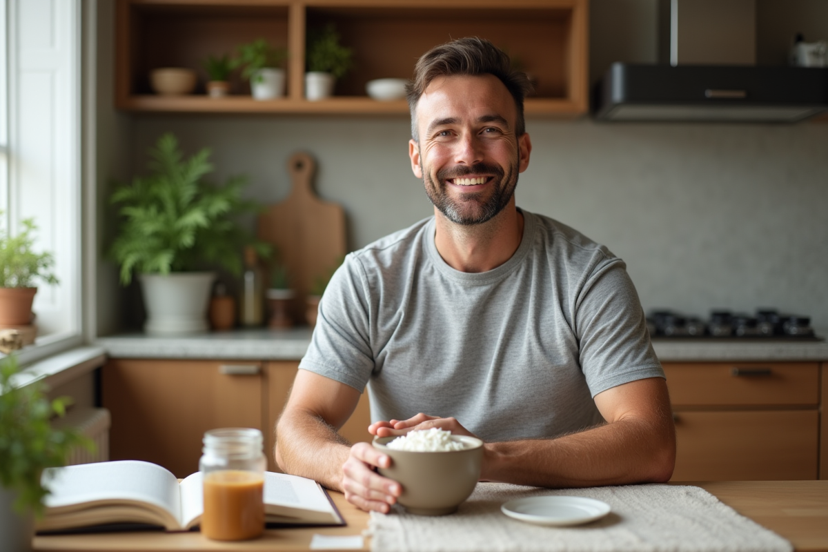 Homme souriant avec bol de masque fait maison