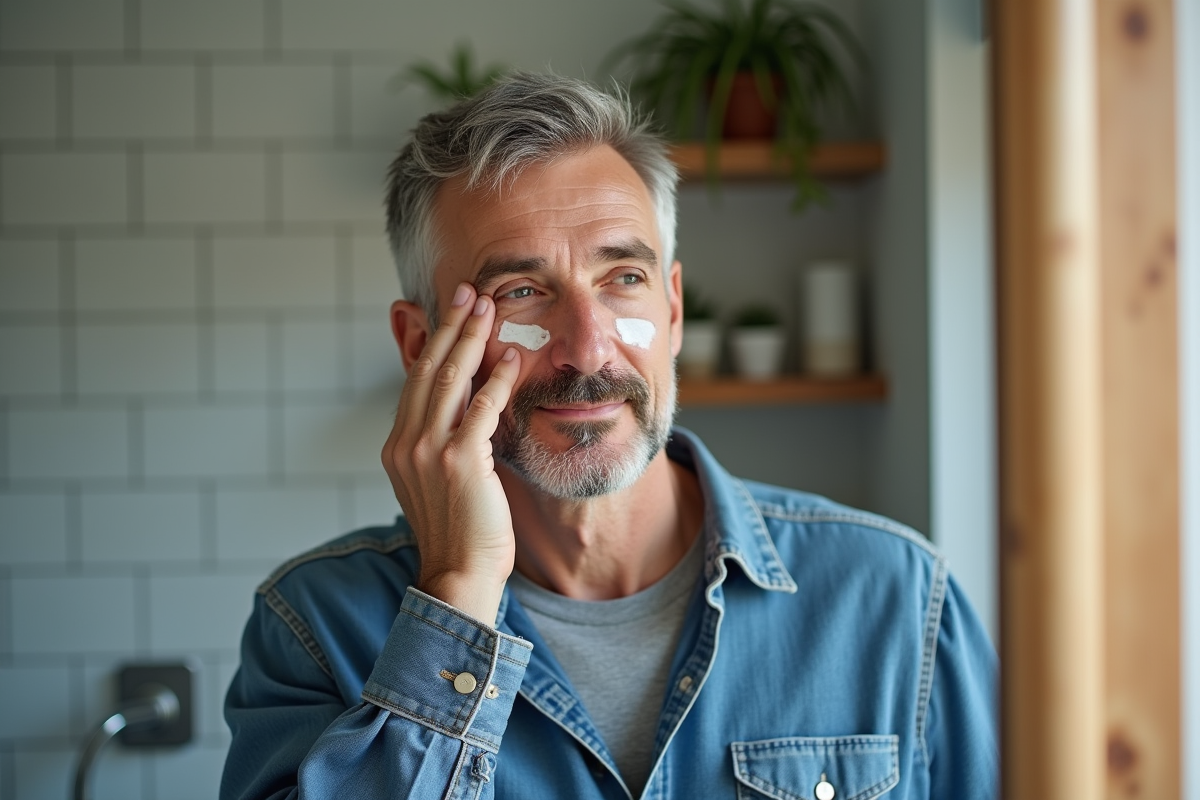 Homme massant une creme naturelle sous les yeux