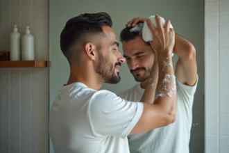 Homme en train de masser son cuir chevelu dans une salle de bain moderne