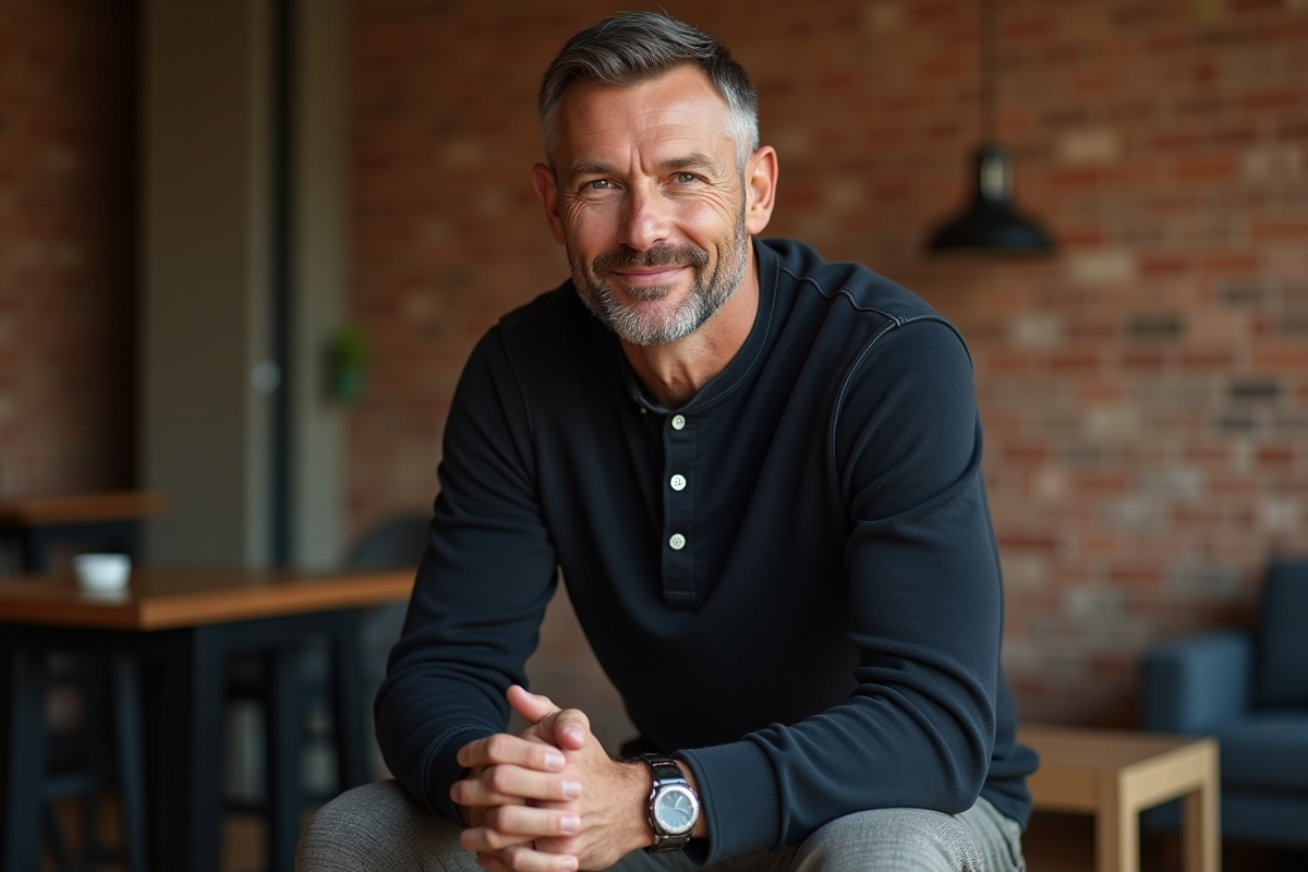 Homme mature en intérieur loft avec vêtements élégants