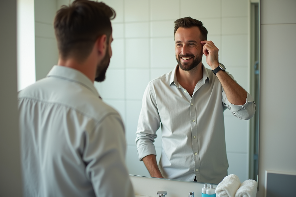 Homme se regardant dans le miroir après sa coupe de cheveux