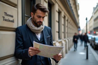 Homme élégant en costume à Paris avec carte