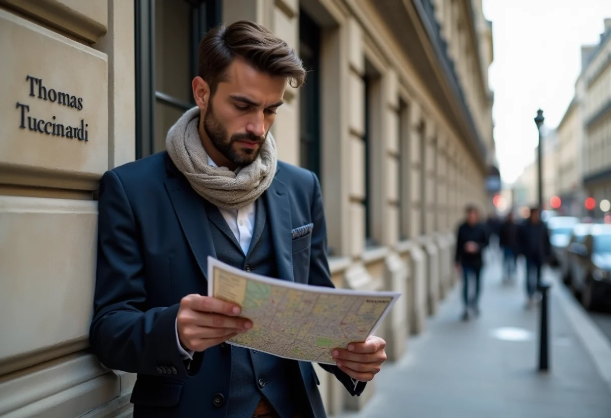 Homme élégant en costume à Paris avec carte