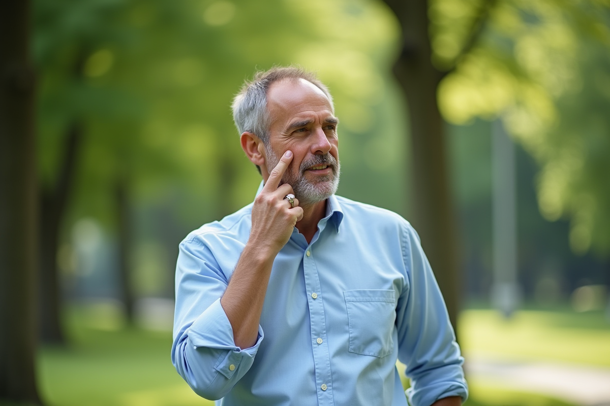 Homme réfléchi dans un parc vert avec lumière douce