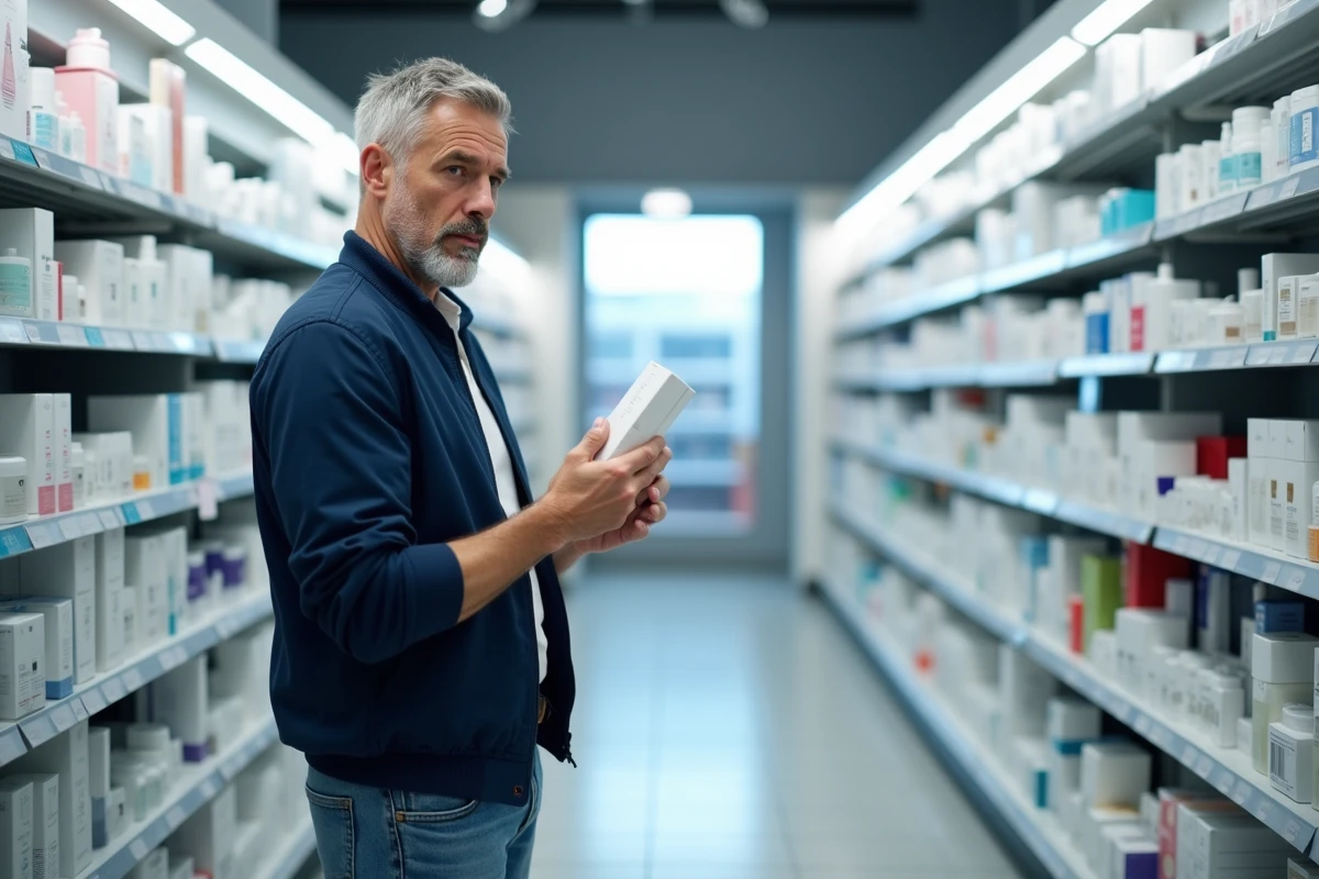 Homme en pharmacie lisant attentivement l'étiquette d'un produit cosmétique avant achat pour éviter les arnaques