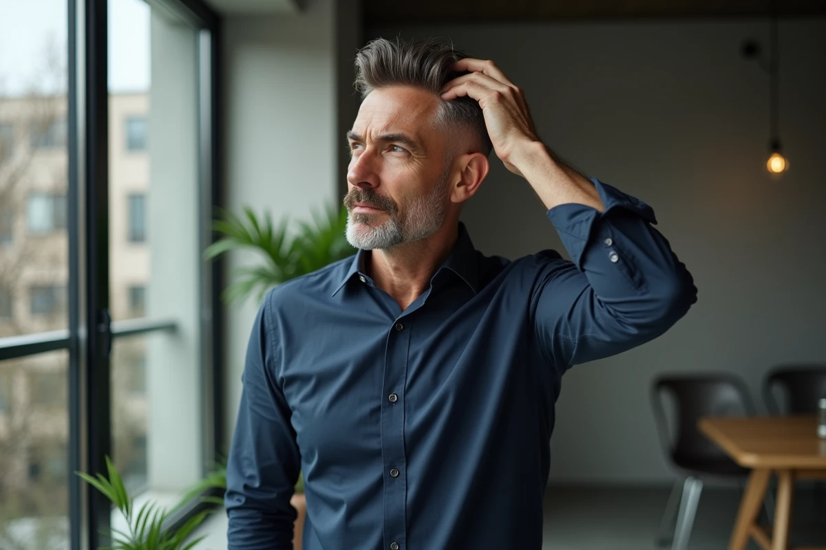 Homme d age moyen dans un loft avec coiffure soignee