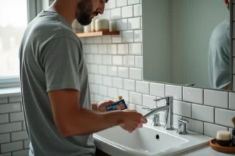 Homme tenant un rasoir de sûreté et une lame Treet au-dessus d'un lavabo blanc dans une salle de bain lumineuse