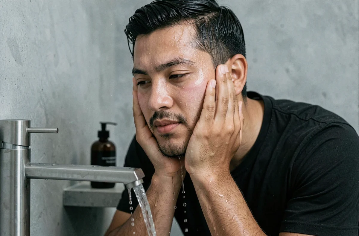Homme se rinçant le visage à l'eau après l'application de savon noir dans une salle de bain minimaliste moderne