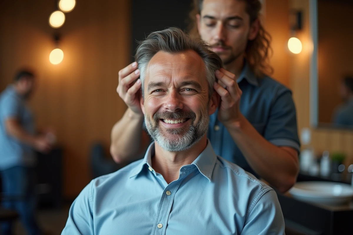 Homme souriant recevant un soin capillaire dans un barbershop chaleureux