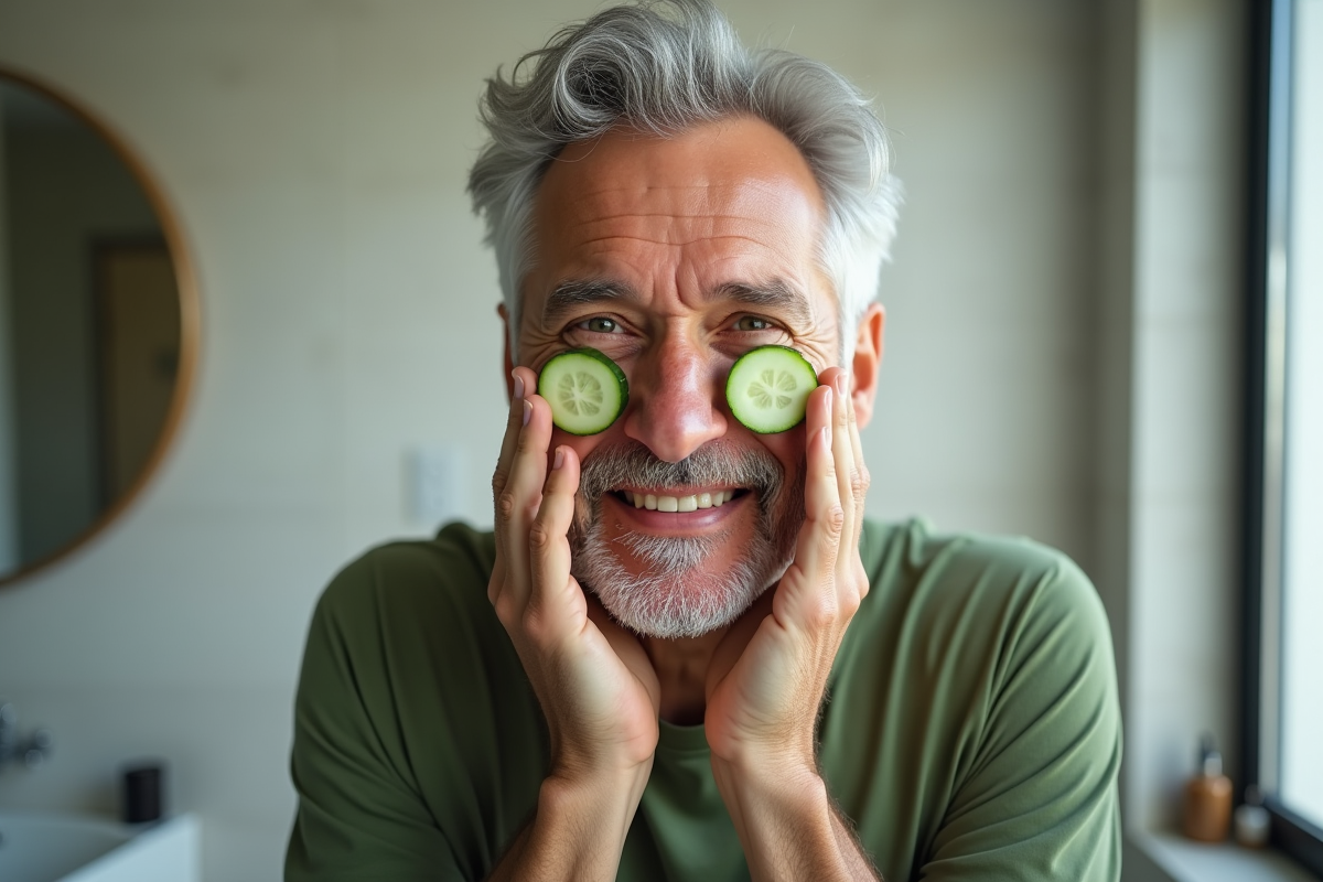 Homme souriant appliquant des tranches de concombre sur le visage