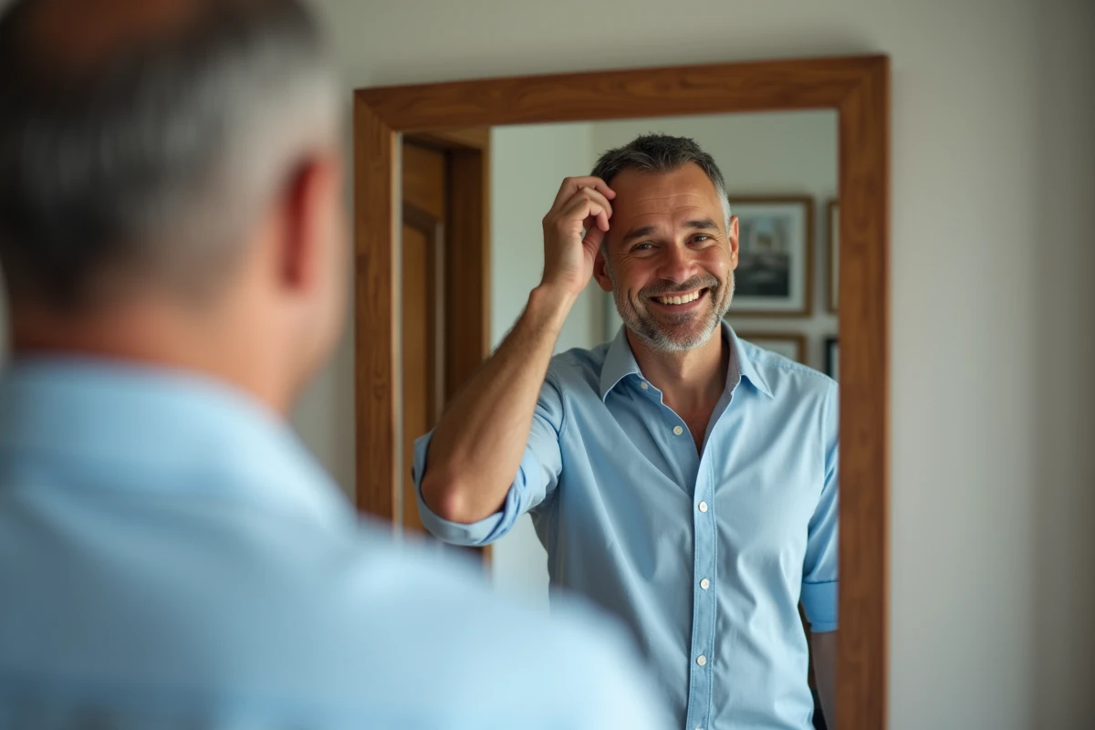 Homme souriant regardant son reflet dans un miroir de couloir