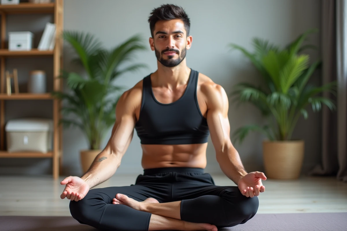 Homme sportif détendu en intérieur avec plantes vertes