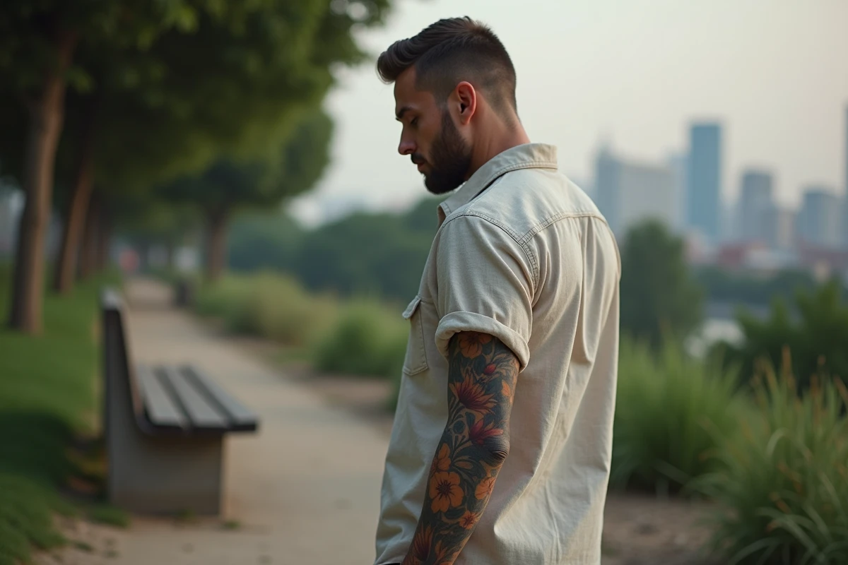 Homme regardant tatouage floral dans parc urbain