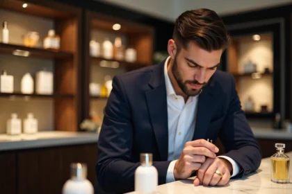 Homme élégant testant des parfums en boutique sophistiquée