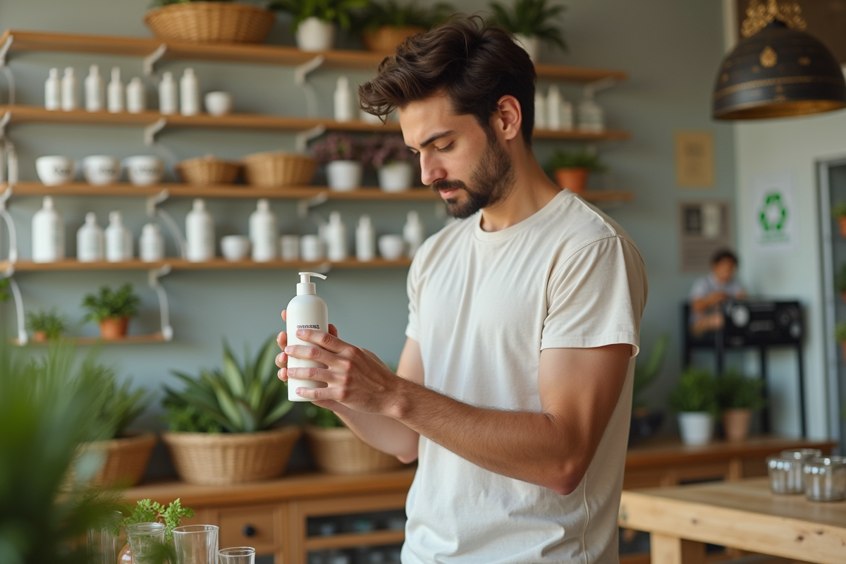 Jeune homme examinant la liste d ingredients d un shampoing bio