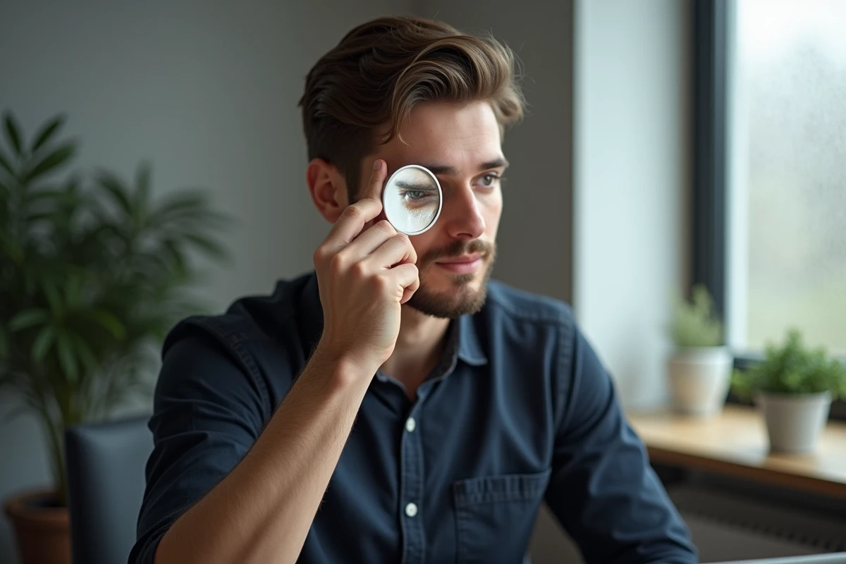 Homme aux yeux hazel examinant ses yeux devant un miroir dans un bureau moderne