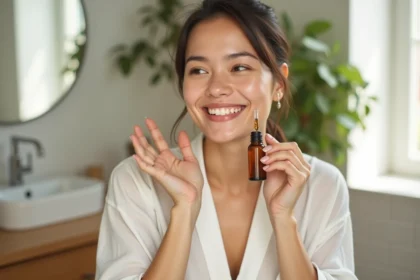 Femme appliquant une huile hydratante visage en été devant un miroir dans une salle de bain lumineuse