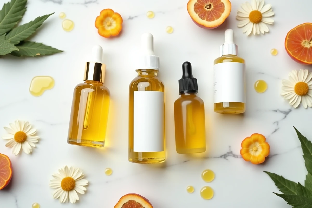 Huiles visage et soins hydratants pour l'été disposés sur marbre blanc avec des fleurs botaniques naturelles