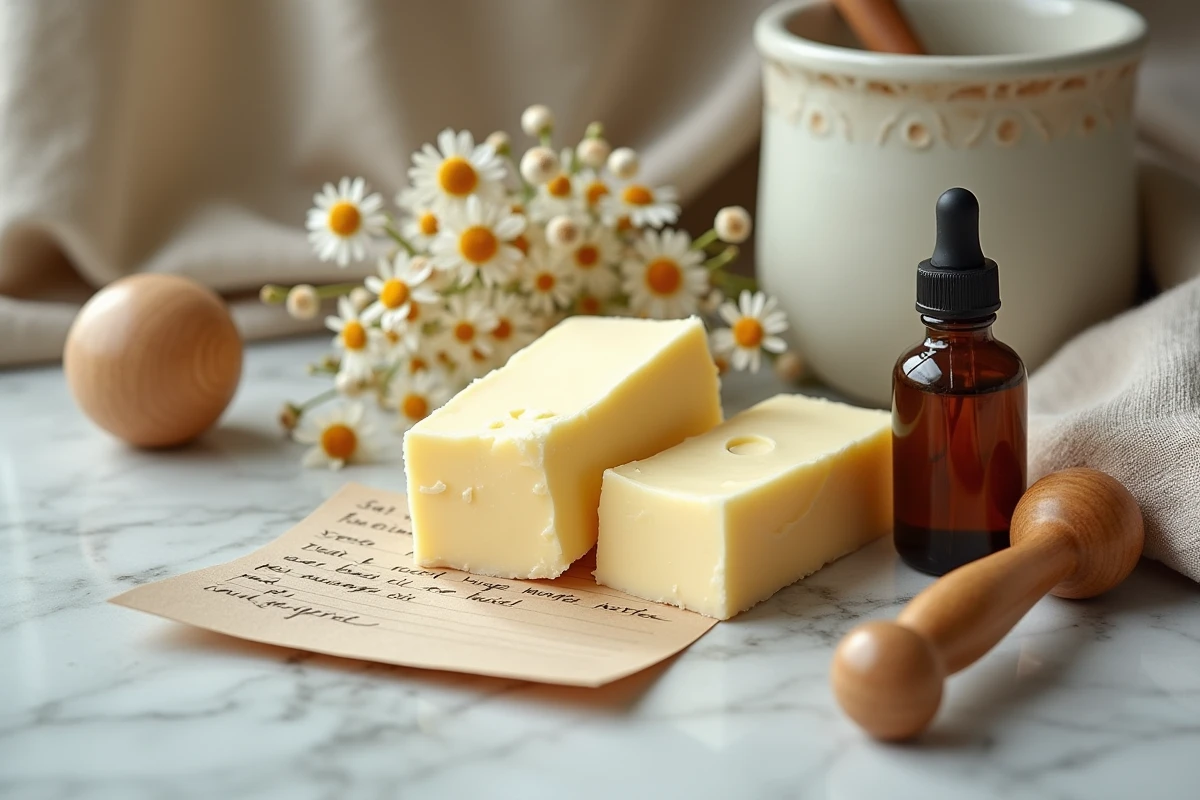 Ingrédients naturels de grand-mère pour le soin de la poitrine disposés sur marbre avec une fiche recette manuscrite