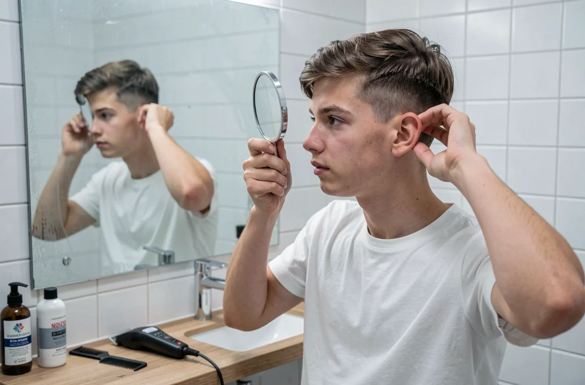 Adolescent inspectant sa coupe taper devant le miroir de sa salle de bain avec un peigne et une tondeuse posés sur le meuble