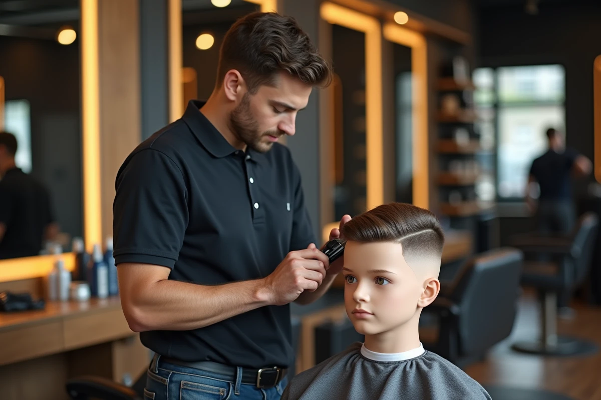 Jeune apprenti coiffeur pratiquant un fade dans un salon moderne