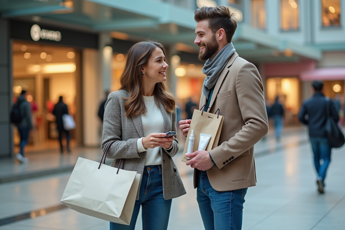 Jeune couple avec sacs de shopping dans un centre commercial