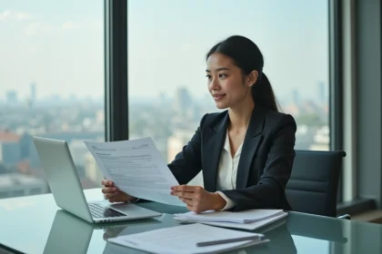 Jeune femme d'affaires modeste au bureau avec documents