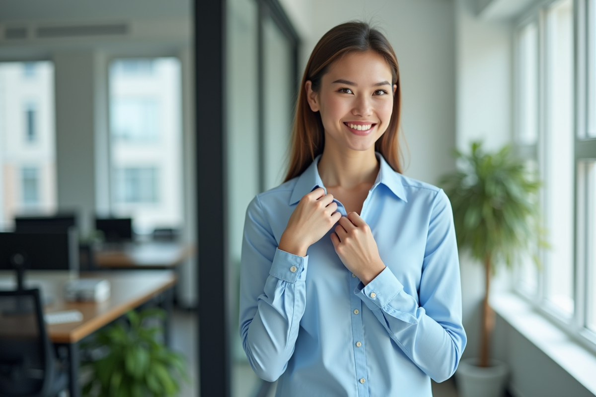 Jeune femme professionnelle ajustant sa chemise au bureau