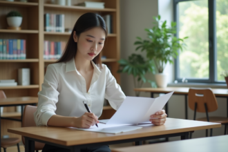 Jeune femme en blouse blanche et jupe noire à l'université