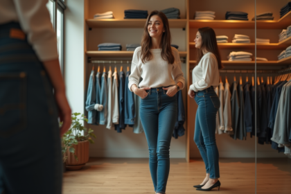 Jeune femme essayant un jean taille 36 en boutique élégante