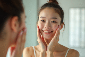 Jeune femme se massant le visage devant miroir lumineux