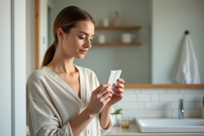 Jeune femme examine un produit de soin visage dans sa salle de bain