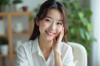 Jeune femme souriante en intérieur avec plantes et lumière naturelle