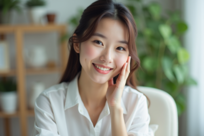 Jeune femme souriante en intérieur avec plantes et lumière naturelle