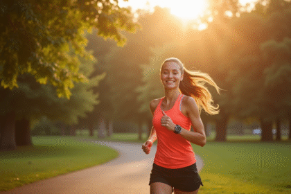 Jeune femme sportive courant dans un parc en matinée